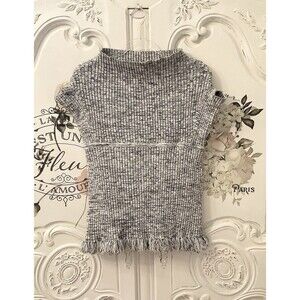 Kempner Top Women's S Gray White Knit Funnel Neck Fringe Bottom Space Dye